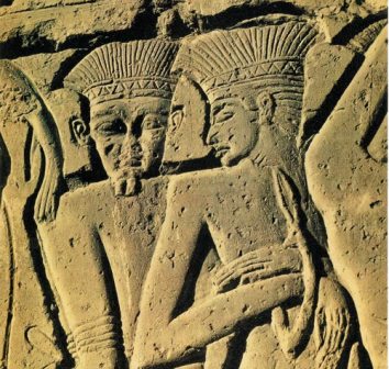 Philistine warriors captured by the Egyptians,  from the wall relief at Medinet Habu